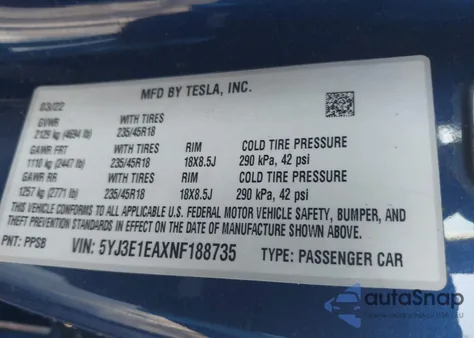 2022 Tesla Model 3 Rear-Wheel Drive from USA, damaged, VIN 5YJ3E1EAXNF188735